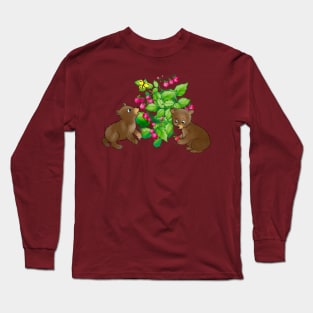 cartoon bear cubs on a background of raspberries and flowers Long Sleeve T-Shirt